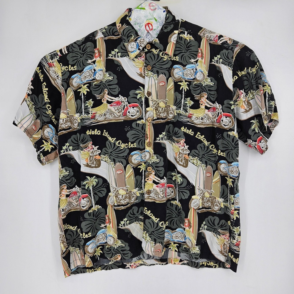 Vintage Kahala Shirt Mens XXL Short Sleeve‎ Hula Island Cycles Graphic AOP Black